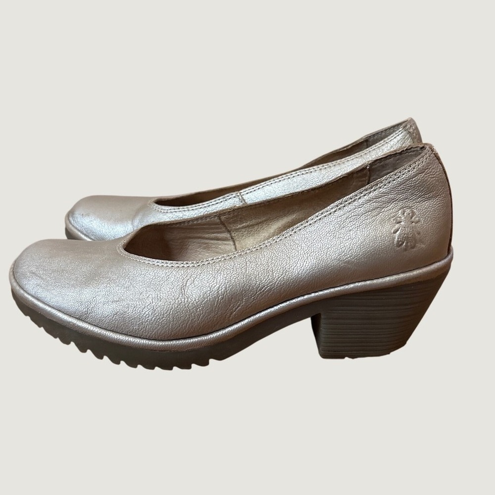 Fly London Pump Women Silver Metallic Leather Block Heel P500988002 SIZE 40